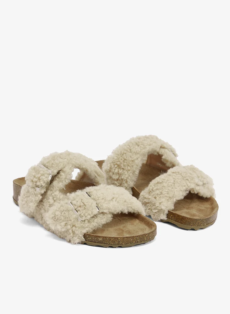 جينجر Fur Buckle Wood Bedroom Slippers